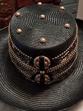 Black Decorative Straw Hat with Gold Accents